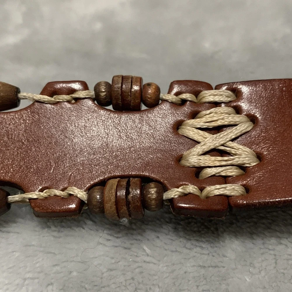 Vintage Omega Genuine Leather‎ Belt Large Brown Beaded & Stitched Made in Turkey
